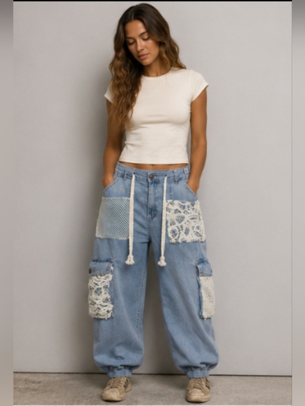 POL Clothing Contrast Crochet Cargo Pocket Denim Joggers